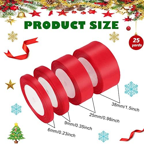 ANTHYTA Satin Ribbon,Red Ribbon,4Pcs Double Sided Satin Ribbon Rolls with 4 Size(6/9/25/38mm),Christmas Ribbon for Gift Wrapping,for DIY Crafts Xmas Tree Present Decoration(100yard a Total)