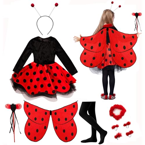 IKALI Girls Ladybug Costume Halloween Deluxe Animal Fairy Fancy Dress Outfit with Wings (10pcs Set) 7-8 Years