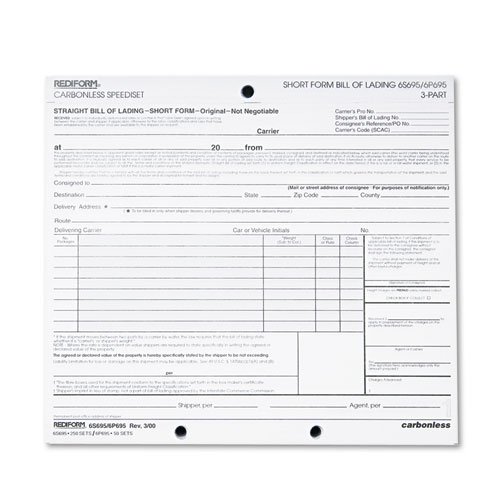 Bill of Lading, Short Form, 7 x 8 1/2, Three-Part, 50 Loose Form Sets/Pack