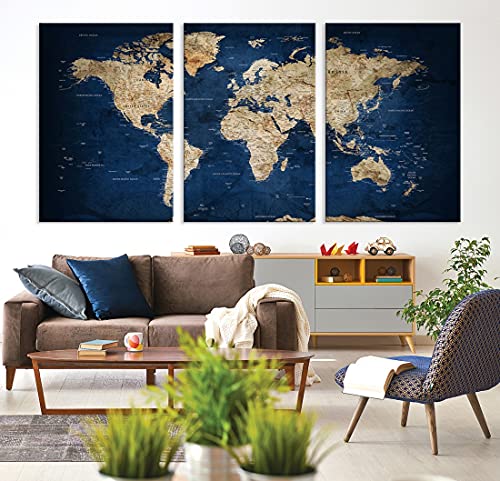 Sami Eymur Navy Blue World Map Wall Art Print - Grunge Map On Canvas Gallery Wall Set Of 3 Panels Gift For Traveler, Large Abstract World Map For Living Room Dining Room Kitchen Office Decor Code:7 #TOP2