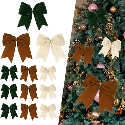 Image of Sggvecsy 12 Pcs Christmas Bow Velvet Ribbon Bows Xmas Tree Ornaments Gift Wrapping Xmas Wreath Decoration Handmade Crafts Gifts for Home Indoor Holiday Party (Ivory,Brown,Olive Green)