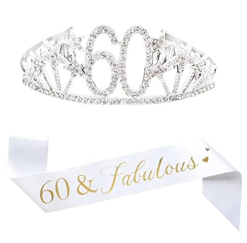 Mayin Happy 60th Birthday Tiara and Sash Gifts Crystal Rhinestone Princess Crown Birthday Queen Party Favor Supplies Silver Crowns White Sash