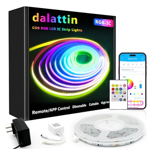 Image of dalattin Smart RGB COB LED IC Strip Lights, 576 LEDs /m Addressable High Density Flexible with Remote & App Control, 16.4ft LED Lights for Living Room, Bedroom, Kitchen Lighting