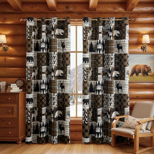 Brown Rustic Cabin Curtains 2 Panels Country Style Curtain 50% Light Blocking Darkening Grommet Window Treatments Farmhouse Patchwork Plaid Drapes Decorative for Living Room Bedroom 52x84 inches