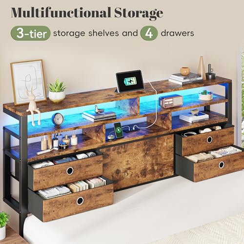 Image of Homkdom King Bed Frame with 3-Tier Storage Headboard & 4 Fabric Drawers, Metal Platform Bed Frame with LED Light & Charging Station,Noise-Free,No Box Spring Needed,Easy Assembly,Rustic Brown