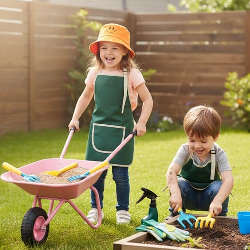 Image of Pink Wheelbarrow for Kids with 12 PCS Toddler Gardening Tool Set(Pink Set) | Apron,Gloves,Hat,Flower Pot,Bag,Label,Watering Sprayer,Pointed Shovel,Square Shovel,Rake