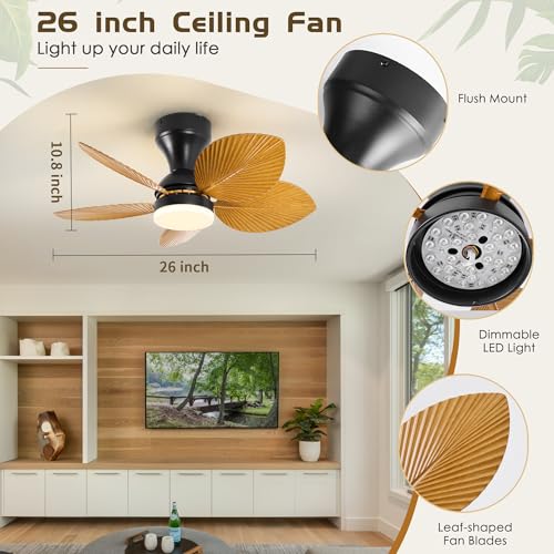 She's home 5 Palm Leaf Ceiling Fan with Light and Remote Control, Tropical Coastal Outdoor Ceiling Fans for Patios, Outside,Bedroom,Ktchen - Image 2