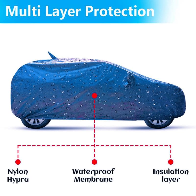 Image of 100% Waterproof Triple Stiched Full Body Car Cover for Tata Tiago with Mirror and Antena Pocket with Soft Cotton Inside(Full Buttom Elastic)(Blue with Red Piping)