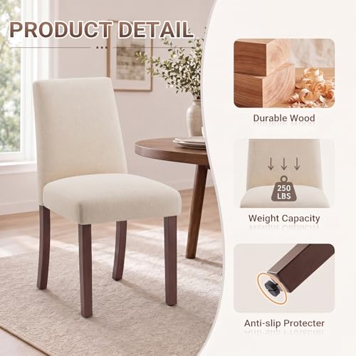 Image of Upholstered Dining Chairs Set of 4, Mid-Century Dining Room Chairs with Wooden Legs, Farmhouse Fabric Parsons Chairs for Small Space Restaurant & Cafe- Beige