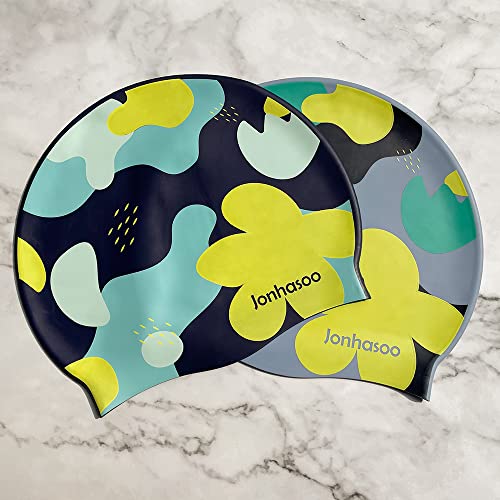 Image of Swim Cap Women, Silicone Swimming Cap for Long Hair with Flower Printed
