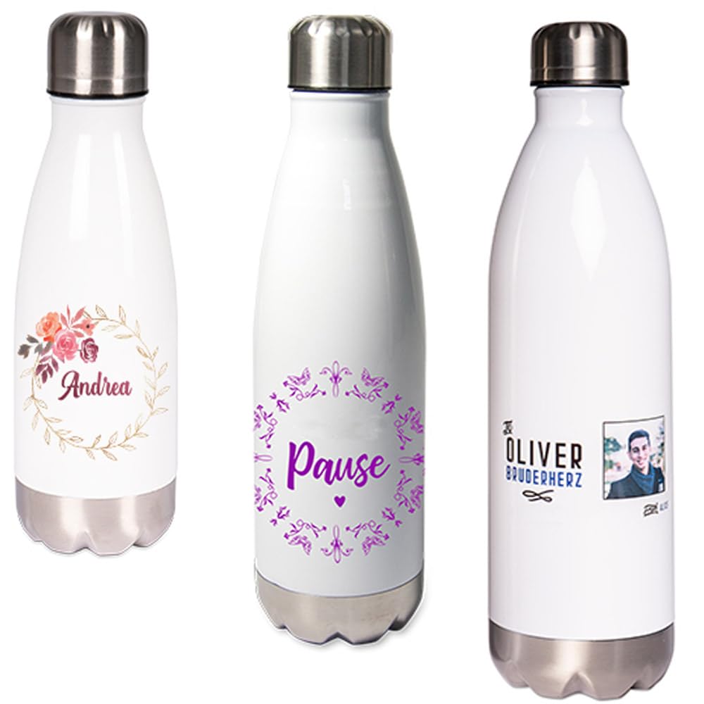 Gourde thermos personnalisée avec photo – Bouteille isotherme en inox blanc avec impression couleur – Cadeau pratique pour le sport ou le bureau