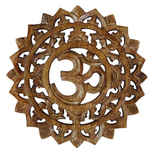 Mie Creations Hindu Om Wall Hanging Décor, Indian God Om Symbol Wall Art, Navratri, Diwali Festival, Pooja Mandir Decorations, Return Gifts for Housewarming | Handmade Wooden Om Carving- Rustic 11''
