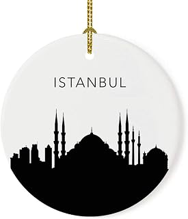 Andaz Press Tourist Travel Souvenir Round Porcelain Ceramic Keepsake Christmas Ornament Gift, Istanbul Skyline, 1-Pack, Christmas Birthday Study Abroad Graduation, Includes Gift Box and Ribbon