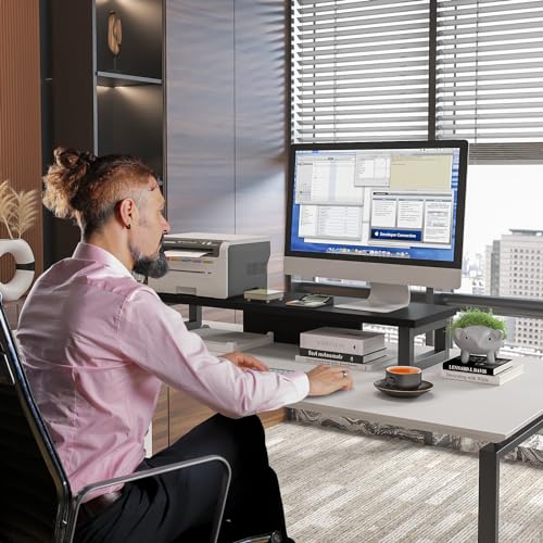 image for WESTREE Dual Monitor Stand Riser, Wood and Steel Monitor Stand Riser, 