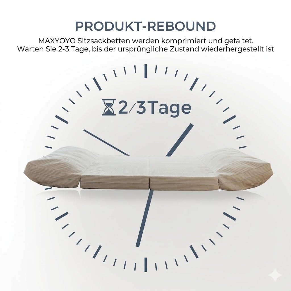 MAXYOYO Sitzsack-Bett, faltbar, Cord-Schlafsofa, Bodenmatratze für Erwachsene, extra dick, 4-Fach gefaltet, Bodencouch für Schlafzimmer, Wohnzimmer, Beige, 135 x 240 cm