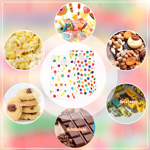 50 Stück Papiertüten Kindergeburtstag Klein, 18 x 9 x 5,5 cm Geschenktüten Klein mit 60 Aufkleber Regenbogen Punkte Mitgebsel Candy Tüten für Ostern Hochzeit Geburtstag Party