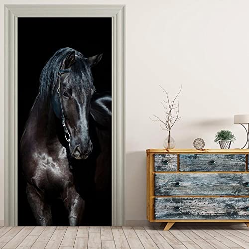 Pegatinas De Puerta Mural Caballo negro 3D Door Sticker Papel Autoadhesivo Vinilo Etiqueta De La Pared Arte Adhesivo Puerta Dormitorio Baño Cocina Decoration 90x200cm