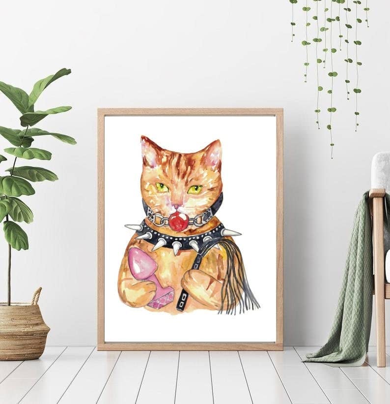Bdsm Cat Painting Wall Poster Watercolor Art Colorful Print Pet Drawing Portrait Funny Room Sexy...