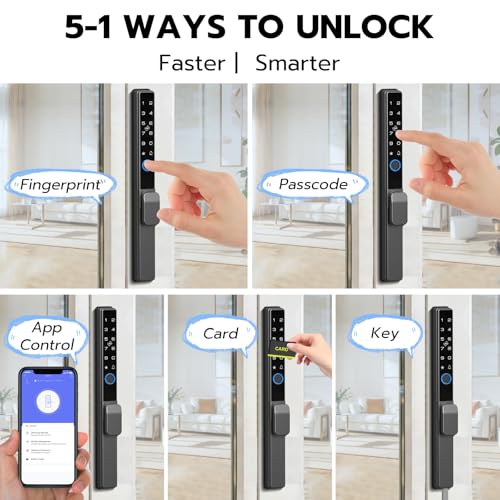 Eseesmart Sliding Door Lock, Smart Door Lock with Fingerprint RFID Keypad Bluetooth App Control, Electronic Biometric Digital Code Safety Patio Door for Aluminum Wooden Front Door Narrow Lock Frame - Image 4
