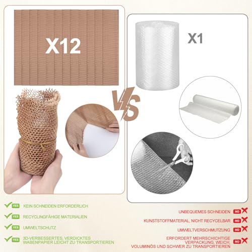 12Pcs 3D Wabenpapier Verpackungspapier 33cm x 4m, Aufrüsten und Verstärken, Luftpolsterfolie Öko Alternative für Versand und Umzüge Zerbrechliche Gegenstände mit 20 Zerbrechlichen Aufklebern