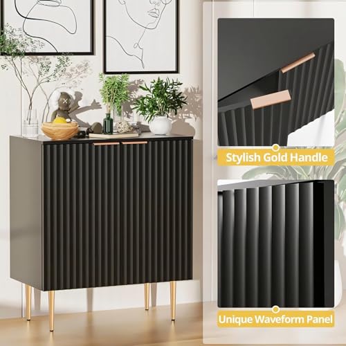 Image of Floated Panel Wooden Sideboard Cabinet | 2 Door Storage Unit with Metal Legs | Premium HDMR Wood Console Cabinet for Living Room, Kitchen & Dining | DIY Leg Assembly | Black