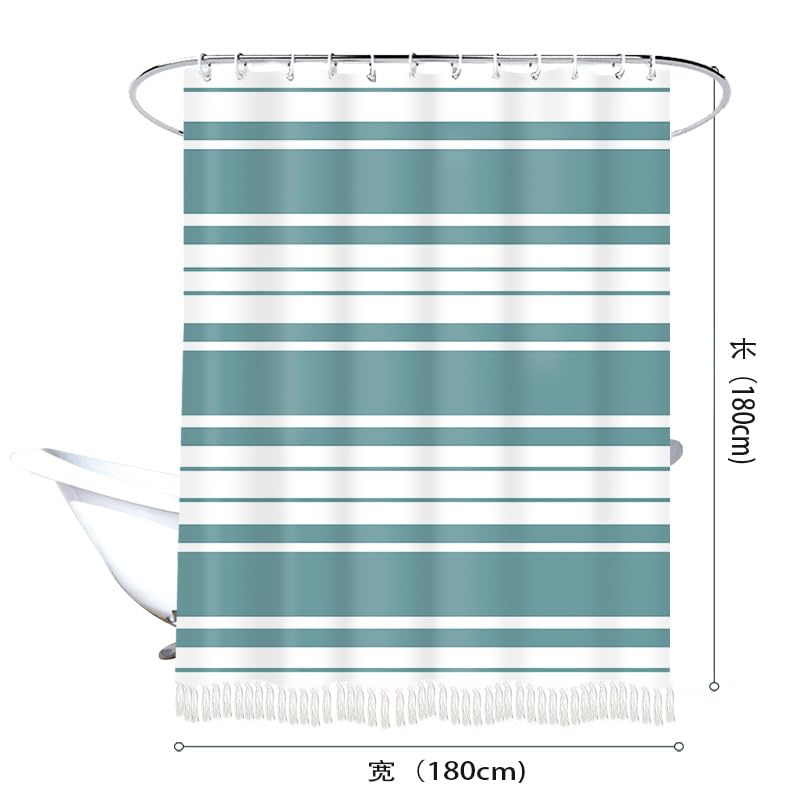 KIZAMI Rideau de Douche à Pompons 183 × 213 cm, Rideau de Douche à Rayures Simples, Rideau de Douche en Polyester-Coton, utilisé pour la Maison, l'hôtel, la Salle de Bain, Le Rideau de Douche