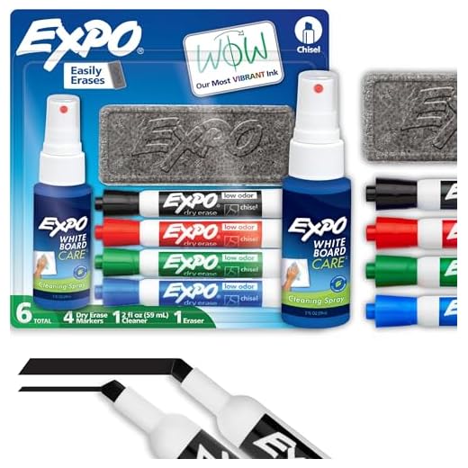 EXPO Low Odor Dry Erase Marker Starter Set, Chisel Tip, Assorted, Whiteboard Eraser, Cleaning Spray, 6 Count
