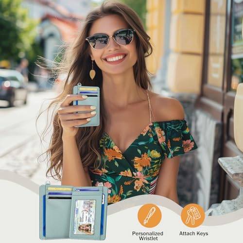 Image of Yonlevres Credit Card Holder Women Slim RFID Blocking Wallet Small Green | Front Pocket, Handy, RFID Blocking, Woman Girls Ladies Gifts, D-ring for Keychain,Thin Mini Card Case, ID Window, PU Leather
