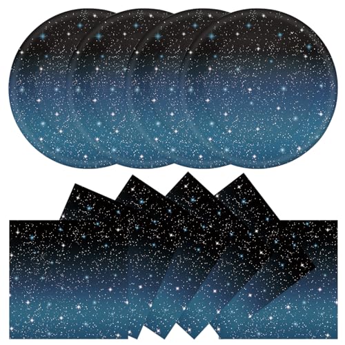 Xjoviative 50Pcs Space Plates and Napkins Party Supplies Disposable Galaxy Starry Night Theme Plates Napkins Star Tableware Set for Outer Space Birthday Party Decorations (Galaxy)