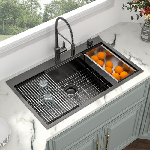 Image of Kichae 36 Black Kitchen Sink Drop In - 36x22 Drop Sink Gunmetal Black Stainless Steel 16G Single Bowl Kitchen Sinks Workstation Handmade Topmount Basin