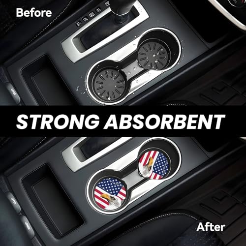 Image of American Flags Eagle Car Coasters for Cup Holder Absorbent Ceramic Cup Coaster 2 Pack Anti Slip Car Interior Accessories with Finger Notch Cork Base for Women Men 2.56 inch