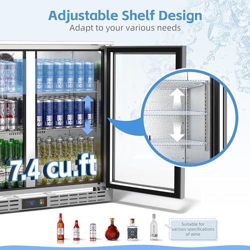 Image of 36 inch 7.4 cu.ft Back Bar Cooler Commercial Under Counter Beverage Refrigerator with 2 Glass Doors & LED Lighting, Stainless Steel Bottle Cooler for Home Bar Restaurant, Sliver, 115V, ETL Approved