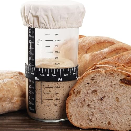 Sarini 730 ml zestaw szklanych słoików do fermentacji na zakwasie szklany okrągły słoik z pokrywką z tkaniny termometr pasek silikonowy skrobak i pasek daty do pieczenia zakwasu fermentacji chleba