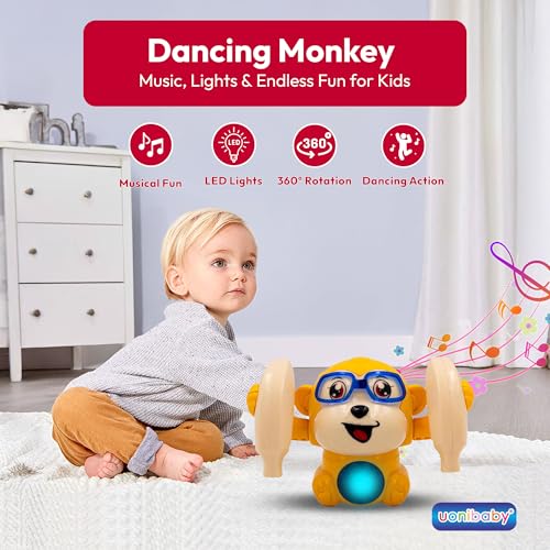 Image of Uonibaby by StarAndDaisy Baby Dancing Monkey Toy with 360 Degree Rotation, Clap Activated Music and LED Lights | Interactive Learning Toy for Babies Toddlers Kids Boys Girls -Yellow