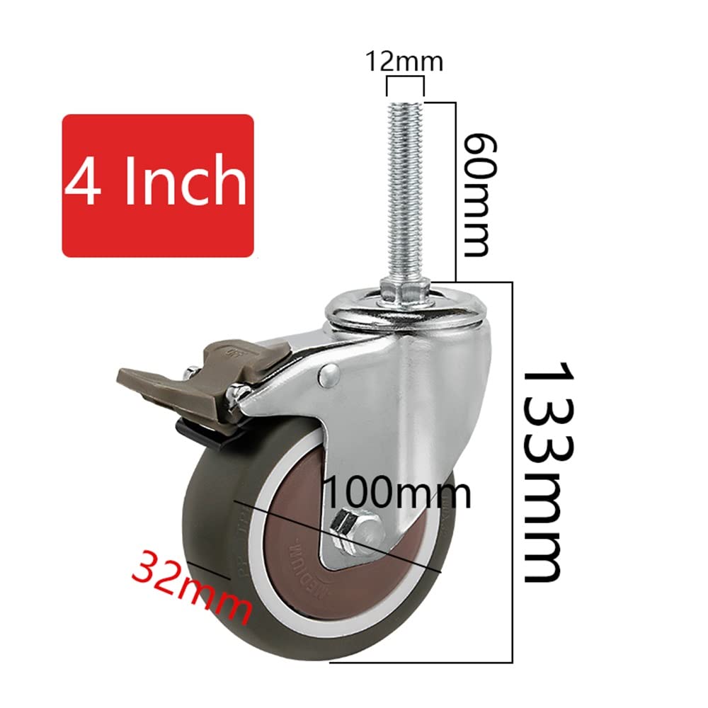 Ruote Piroettanti, Ruote Girevoli con Gambo Filettato, Rotelle Pivottanti con Freno, Ruote in Gomma, Ruote per Mobili, Ruote per Carichi Pesanti (Color : with Brake, Size : 4 inch)