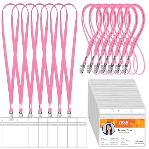 Image of Marspark 50 Sets 4 inchx3 inch Name Badge Holder with Lanyard Bulk, Pink