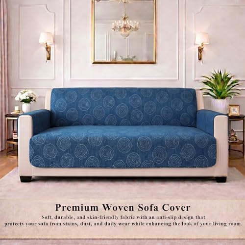Image of STITCHNEST 'Opulence Series' Floral Woven Sofa Cover for 2 Seater | Premium Soft Fabric Sofa Protector | Blue Circular Pattern with Tassel Edge Finish | Durable Living Room Furniture Cover