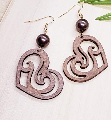 Wooden Pearl Earrings, Ocean Wave Heart Earrings