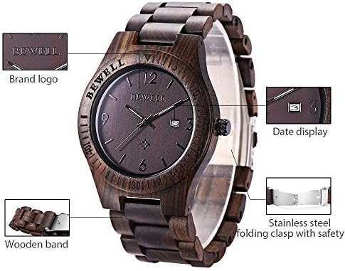 Miniatura 3 de Bewell W086B - Reloj de pulsera para hombre de madera analógico de cuarzo ligero hecho a mano de madera