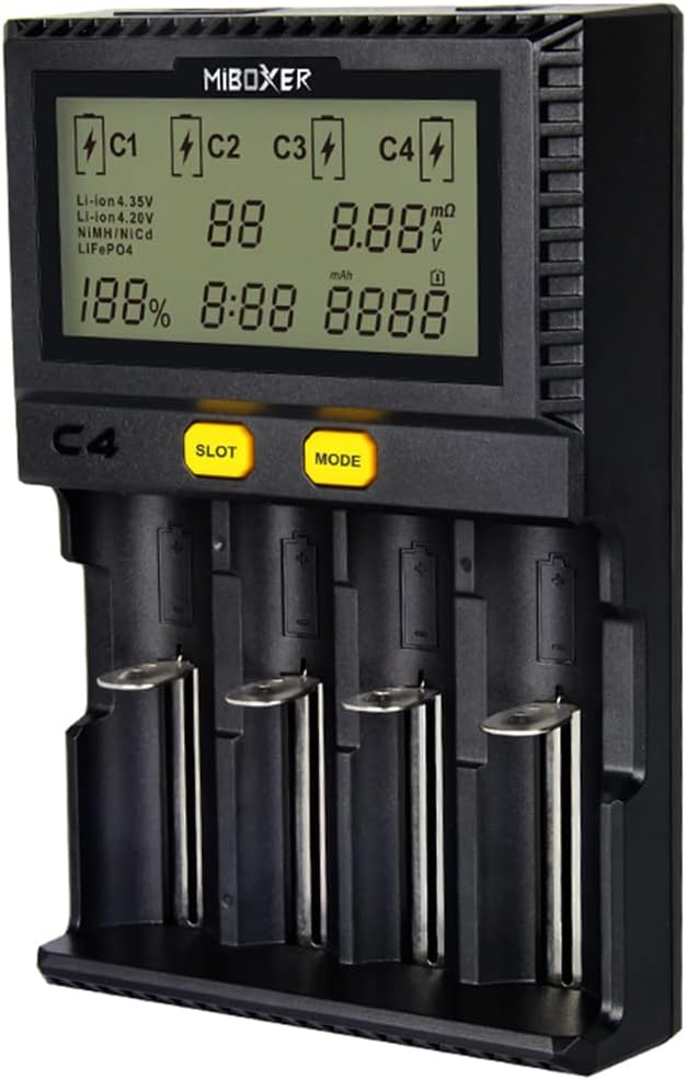 LGIDTECH C4 MiBOXER 18650 Battery Charger 4 Slot With Car Charging Port,LCD Display for AA AAA C 26650 16340 18500 18350 17670 RCR123 Li-ion/IMR/INR/ICR/Ni-MH/Ni-Cd/LiFePO4 Rechargeable Batteries