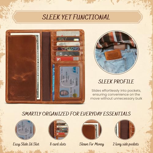 Image of Full-Grain Leather Classic Long Bifold Wallet - Sleek Handcrafted Vertical Wallet - Compact Minimalist Men's Bifold Wallets w / Multiple Card Slots, 2 Long Side Pockets, and Sleeve (American Flag)