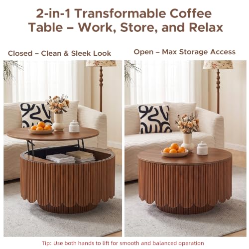 Image of Round Lift Top Coffee Table with Storage, Fluted Circle Coffee Table,Walnut