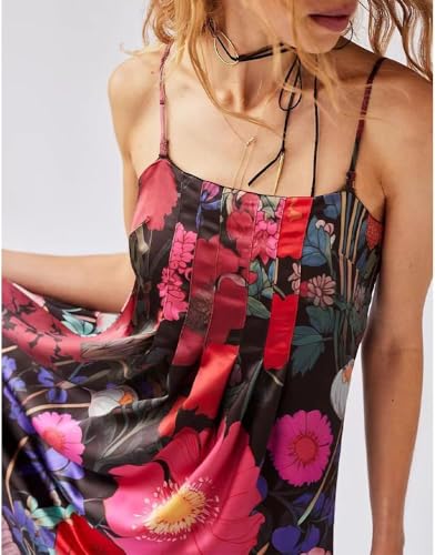 Image of Women Floral Maxi Dress Spaghetti Straps V Neck Lace Patchwork Flowy Tiered Boho Beach Sundress Long Dresses