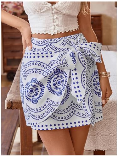 Image of Milumia Women's Summer Boho Wrap Skirt Floral Print High Waisted Knot Side Short Vacation Beach Mini Skirt