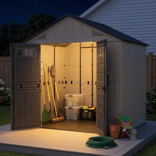 Image of LazySunsets 8x6 Ft Outdoor Storage Shed with Light, Large Resin Outdoor Shed with Floor Included, Windows & Lockable Door, Garden Plastic Storage Sheds for Bike, Lawn Tools, Garbage Can