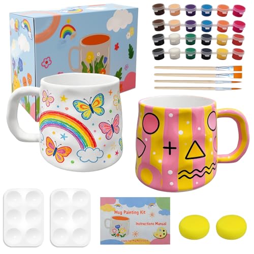 Kit para pintar uma caneca, conjunto de pintura de cerâmica, kit de pintura de cerâmica, conjunto de pintura cerâmica para adultos, inclui canecas, pincéis, pinturas, bandeja para pintura e instruções