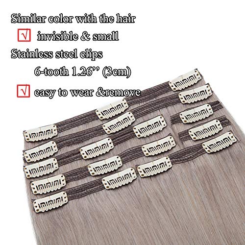 Image of Benehair 18inch 140g Clip in Hair Extensions Real Human Hair Highlighted Grey Thick Double Weft for Women Remy Hair Seamless 18 Clip ins 8pcs Long Straight Hairpieces for Full Head