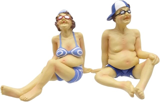 Quaytrader FLABBY and FABULOUS OLD Beach Couple Sitting Swimmer Figurines - BATHROOM ORNAMENTS - Humorous BATHERS Couple FIGURINES - Blue & White - 10cm