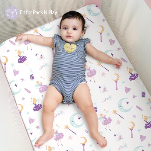 Image of Baby Mini Crib Sheets Girl, Portable 38 inchx26 inch Pack and Play Sheets Fitted for Playard and Pack N Play Mattress, 3-Pack Soft Microfiber Purple Magic Fairy