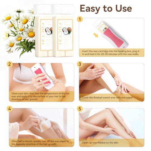 Image of Roll On Waxing Kit for Sensitive Skin - Hair Removal with 2 Coconut Soft Wax Cartridges and 100 Non-Woven Wax Strips, 10 Wipes